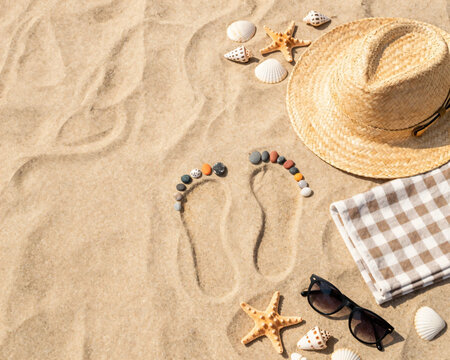 Beach sand footprints decorated with colorful pebbles next to a straw hat sunglasses seashells starfish and a checkered towel creating a relaxing summer vacation flat lay scene composition