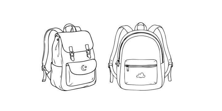 Black and white line art illustration of two different styles of school backpacks isolated on white background