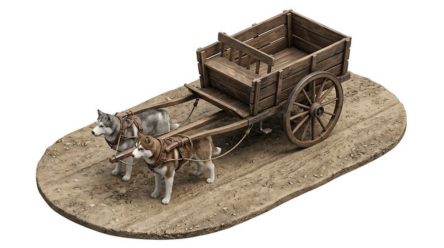 Two Sled Dogs Pulling a Wooden Cart on a Dirt Path Isolated on White Background