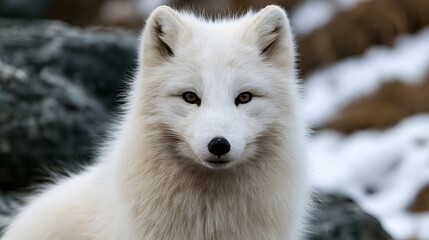 Fototapeta premium A close up portrait of a white fox with alert ears and amber eyes set against a snowy and rocky background