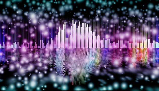 Visualisation d'onde sonore color&eacute;e style &eacute;galiseur musical avec lumi&egrave;res bokeh violettes et roses, ambiance bo&icirc;te de nuit et festival de musique &eacute;lectronique.