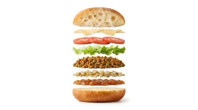 Exploded view of a traditional South African vetkoek burger with minced meat, onions, cheese, tomato and lettuce isolated on white background