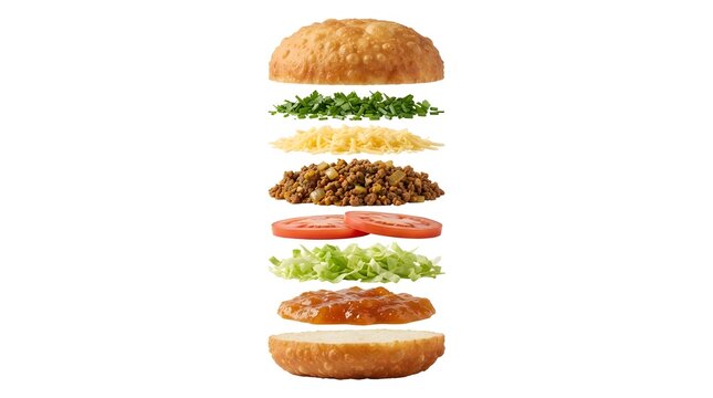 Exploded view of a traditional South African vetkoek burger with minced meat, cheese, tomato, lettuce and sauce, isolated on white background