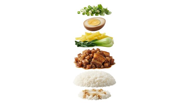 Taiwanese Braised Pork Rice Lu Rou Fan Ingredients Floating Layers Isolated on White Background for Asian Cuisine Menu Design and Advertising