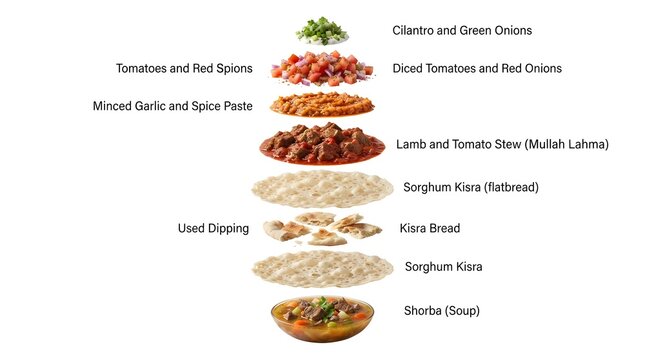 Sudanese Food Ingredients Vertical Assembly Infographic Featuring Kisra Flatbread, Mullah Lahma Lamb Stew, and Traditional Shorba Soup Components