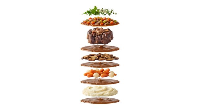 Exploded view of Spanish Rabo de Toro stew ingredients with oxtail, vegetables, mushrooms, and mashed potatoes isolated on white background