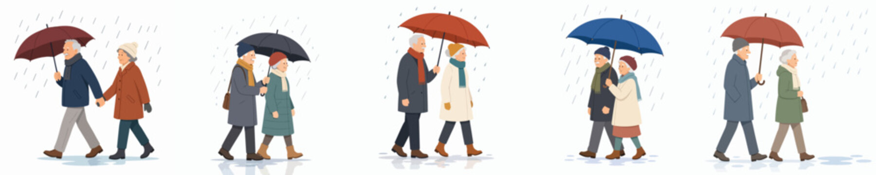 vector of a old couple walking with an umbrella in the rain
