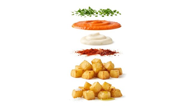 Exploded view of Spanish Patatas Bravas with fried potato cubes, spicy tomato sauce, aioli, paprika, and herbs isolated on white background