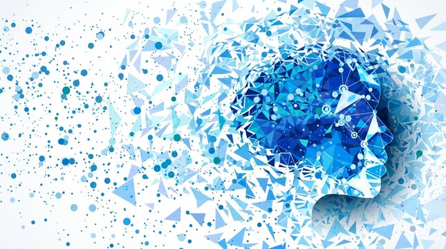 A human head profile silhouette composed of blue geometric triangles and digital network nodes, dissolving into a cloud of particles on white