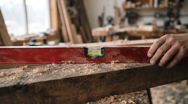 A carpenter uses a spirit level on a wooden beam in workshop