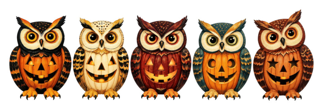 PNG Colorful Halloween owl illustrations with carved pumpkin bodies