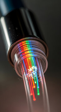 Close-up of colorful fiber optic cables transmitting light, showcasing modern technology and data transmission