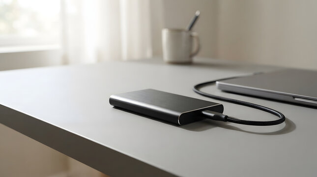 Sleek external hard drive connected by USB cable on a modern desk, representing data storage, backup, and digital technology.