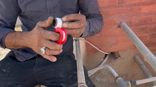Plumber Applying Teflon Tape to a Pipe Fitting
