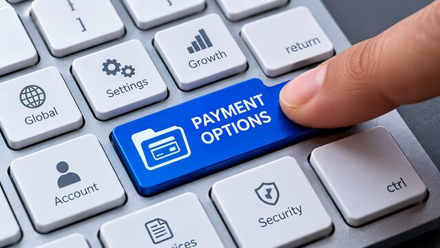 Payment options concept showing a digital payment button on a computer keyboard for secure online financial transactions