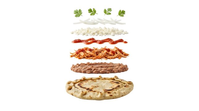 Exploded View of Mexican Memela Ingredients with Tortilla, Refried Beans, Shredded Chicken, Salsa, Cheese, Onions, and Cilantro on White