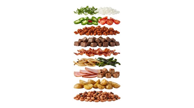 Exploded View of Mexican Discada Ingredients Isolated on White Background, Featuring Chopped Meats, Vegetables, Beans, and Spices for Cooking