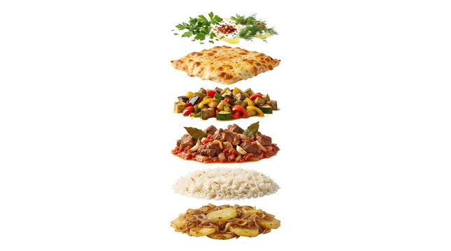 Exploded View of Traditional Kosovan Tave Prizreni Dish with Layers of Vegetables, Meat, Rice, Potatoes, and Cheese Isolated on White Background