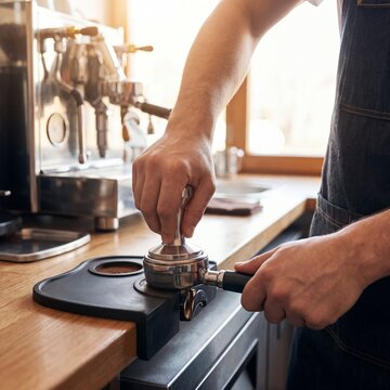 Barista tamping ground coffee in portafilter at caf&eacute; counter