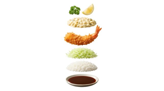 Floating Layers of Japanese Ebi Fry with Fried Shrimp, Tartar Sauce, Shredded Cabbage, Steamed Rice, and Tonkatsu Sauce Isolated on White