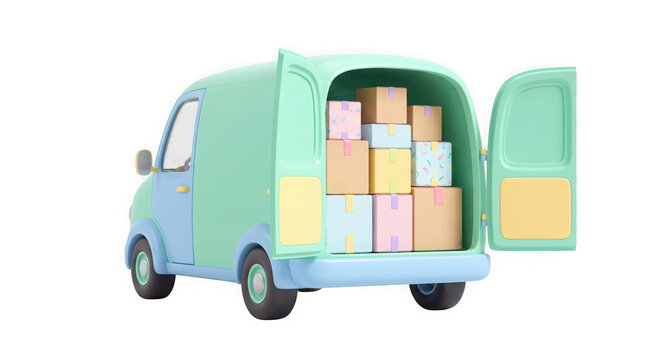 A pastel colored delivery van with open back doors filled with stacked cardboard shipping boxes with cartoon style delivery revealing many stacked pastel colors rear transportation distribution