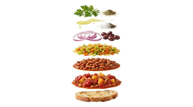 Exploded view of Greek Fasolada ingredients including beans, vegetables, olives, and toasted bread isolated on white for culinary recipe concept