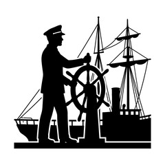 Black silhouette of a ship captain steering a wheel with two ships in the background on transparent, ideal for maritime themes and transport designs. © Hina