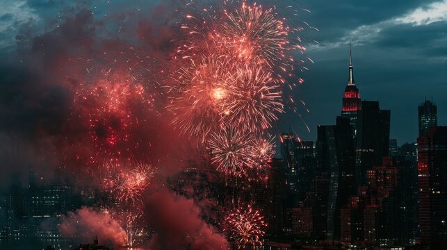 Fireworks exploding in the night sky over a city skyline with glowing red bursts and smoke illuminating the dark urban environment during a celebration.