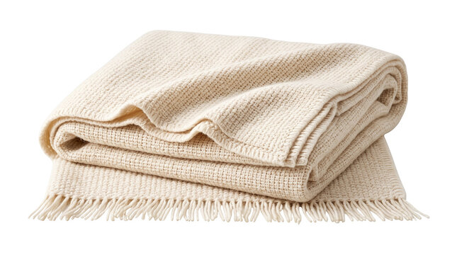 Beige wool throw blanket with fringe, soft cream knitted cashmere plaid for home decor, cozy neutral textile folded for interior styling isolated PNG with Transparent Background