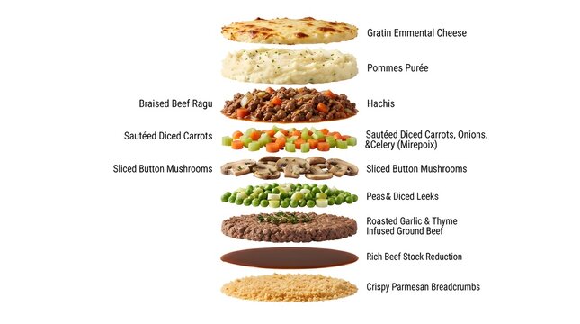 Exploded View of French Hachis Parmentier Ingredients Showing Layers of Beef Ragu, Mashed Potatoes, Vegetables, and Cheese on White Background
