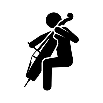 Cello player stick figure silhouette performing classical music captures artistic expression for concert promotions or musical education program advertisements.