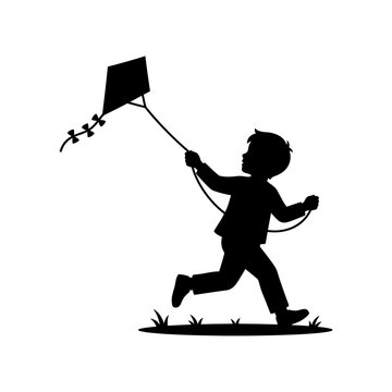 Black silhouette of young boy running while playing with kite outdoors flat vector illustration suitable for childhood themed graphic design and wall art decor.