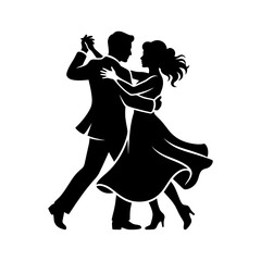 Elegant ballroom dance couple silhouette in formal attire performing graceful movement for wedding events gala invitations and performing arts theater promotions. © Hina