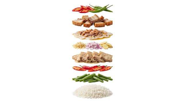 Exploded View of Filipino Bicol Express Ingredients with Pork Belly, Chili, Coconut Milk, and Rice Isolated on White Background for Food Menu