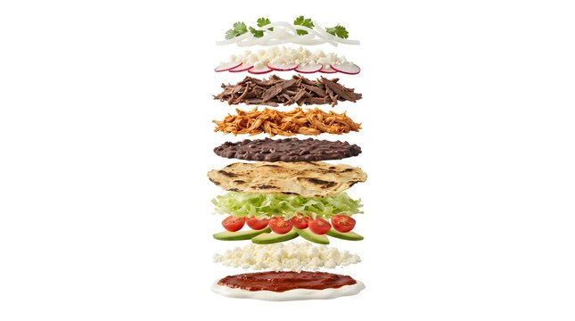 Exploded view of traditional Mexican Tlayuda ingredients floating in layers, including beans, meat, cheese, avocado, and vegetables on white