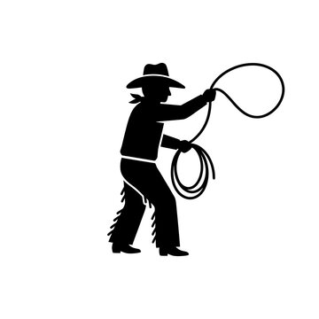 Cowboy silhouette black icon with rope lassoing tool showing western rancher character lifestyle isolated graphic element for rodeo event poster branding design.