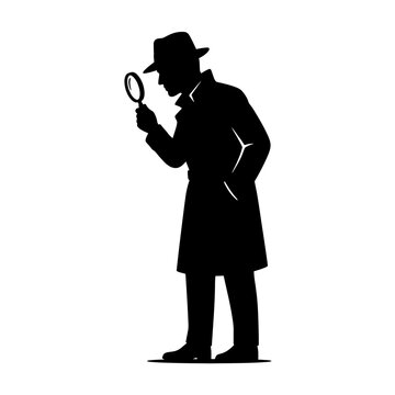 Private detective silhouette wearing classic trench coat and hat holding magnifying glass for mystery investigation service and crime novel cover design projects.