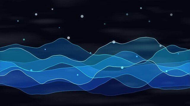 Abstract flowing blue waves with digital data points in dark night sky, data stream, digital ocean visualization