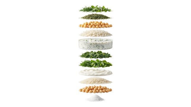 Exploded View of Azerbaijani Dovga Ingredients: Chickpeas, Rice, Fresh Herbs and Yogurt Soup Base Isolated on White Background for Culinary Design