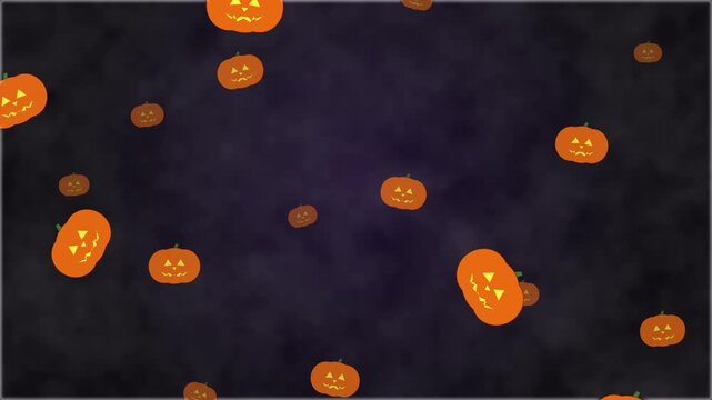 Halloween jack o lanterns floating on dark smoky background, spooky holiday motion graphic loop