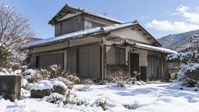 経年した二階建て日本家屋の雪景色外観写真