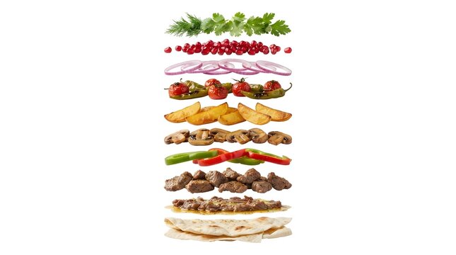 Exploded view of traditional Azerbaijani Saj Ichi dish with meat, vegetables, potatoes, and flatbread isolated on a white background