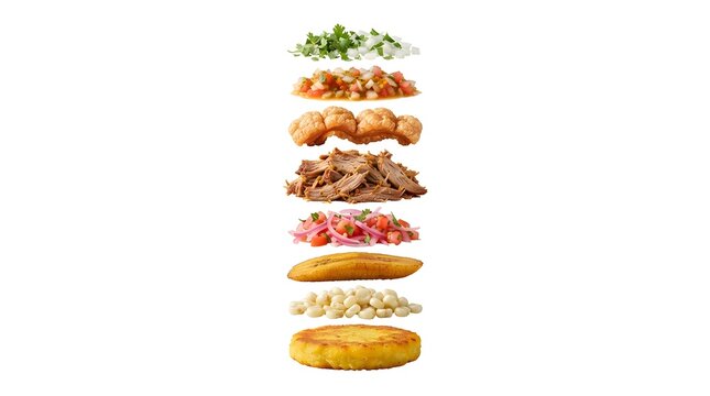Exploded View of Traditional Ecuadorian Hornado Ingredients Isolated on White Background for Culinary Menu Design and Food Advertising