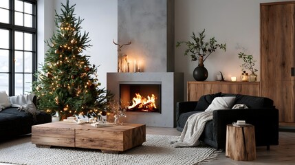 Fototapeta premium Cozy modern living room with a lit fireplace decorated Christmas tree and dark sofas under warm ambient lighting