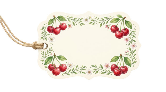 Decorative gift tag with watercolor cherry and blossom border isolated on transparent background