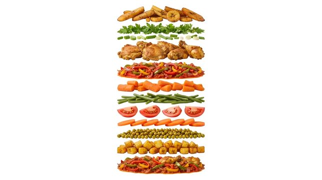 Exploded View of Cameroonian Poulet DG Ingredients Featuring Fried Plantains, Chicken, Green Beans, Carrots, and Tomato Sauce on White Background