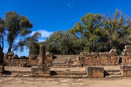 Stone steps and a standing column at the Roman theater of Tipasa