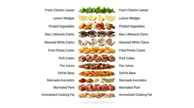 Carne de Porco a Alentejana ingredients infographic showing pork, clams, potatoes, and aromatics layered for a traditional Portuguese recipe
