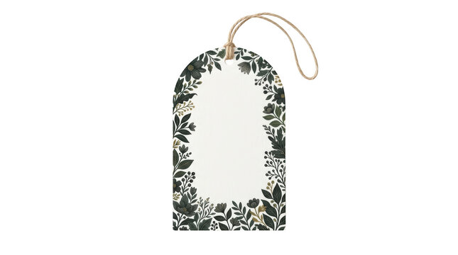 Blank floral gift tag with twine isolated on transparent background
