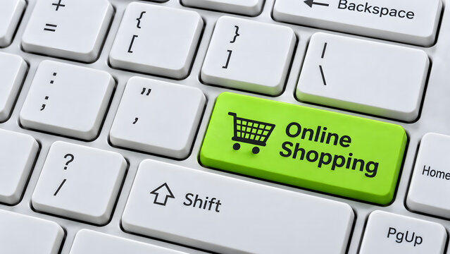 A green online shopping key with a cart icon highlights a white computer keyboard. Modern button design enables fast digital store checkout and e-commerce transactions. Vector close up concept.